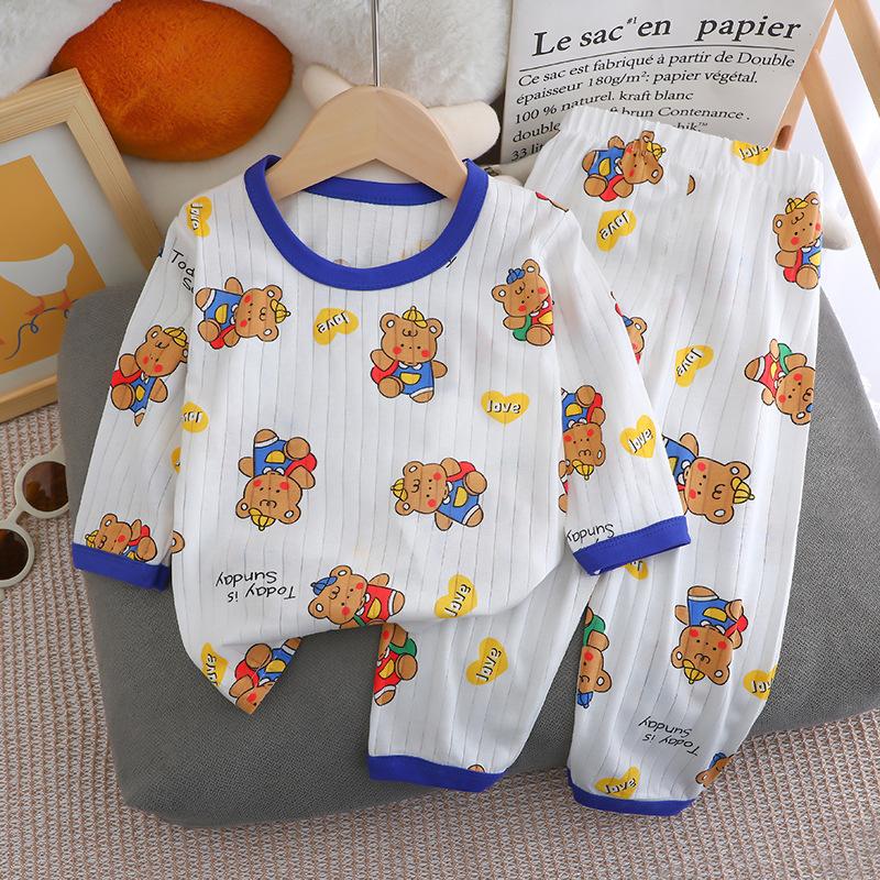 

Summer children s long sleeved, long pants, home clothes set, all cotton underwear, baby thin sleepwear, sleeping pants, air-conditioned clothing 120cm темно-синього кольору