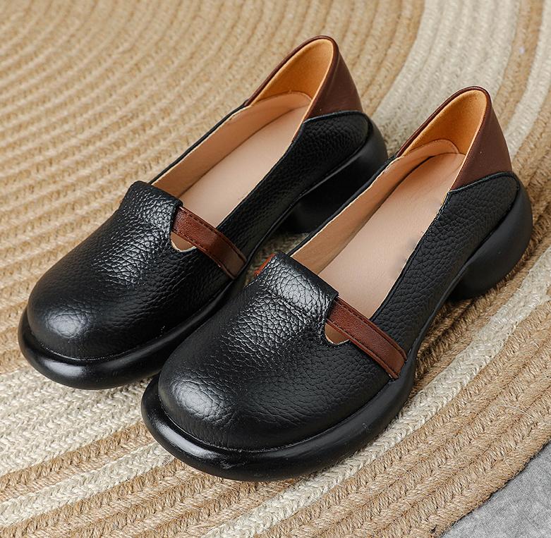 Genuine Leather Women's Shoes Low Heeled Retro Cowhide Single Shoes Women Shallow Mouth Loafers Ladies Casual Comfortable Shoes