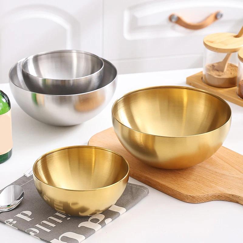Fruit Salad Bowls Golden Stainless Steel Large Capacity Korean Style Food Container Soup Rice Noodle Kitchen Tableware for Home