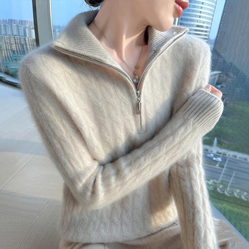 Women's 100% Wool Thickened Knitted Sweater with Large Lapel - Autumn/Winter Warm Twist Pullover, Versatile & Trendy
