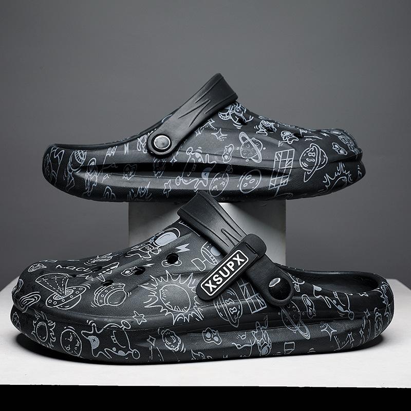 

Foreign trade slippers men s summer sandals outdoor wear hole shoes sandals household half drag Korean version trend beach shoes 44 чорний