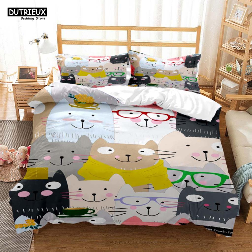 Cute Cat Print Quilt Cover Pillow Cover  Bedding Set Luxury Queen Bedding Set Cute Style Customized  children‘s  Bedding Set