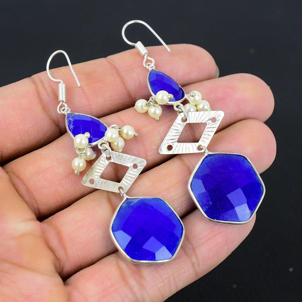 Daughters Day Deal Blue Sapphire Stone Trendy Drop Earrings 925 Sterling Silver