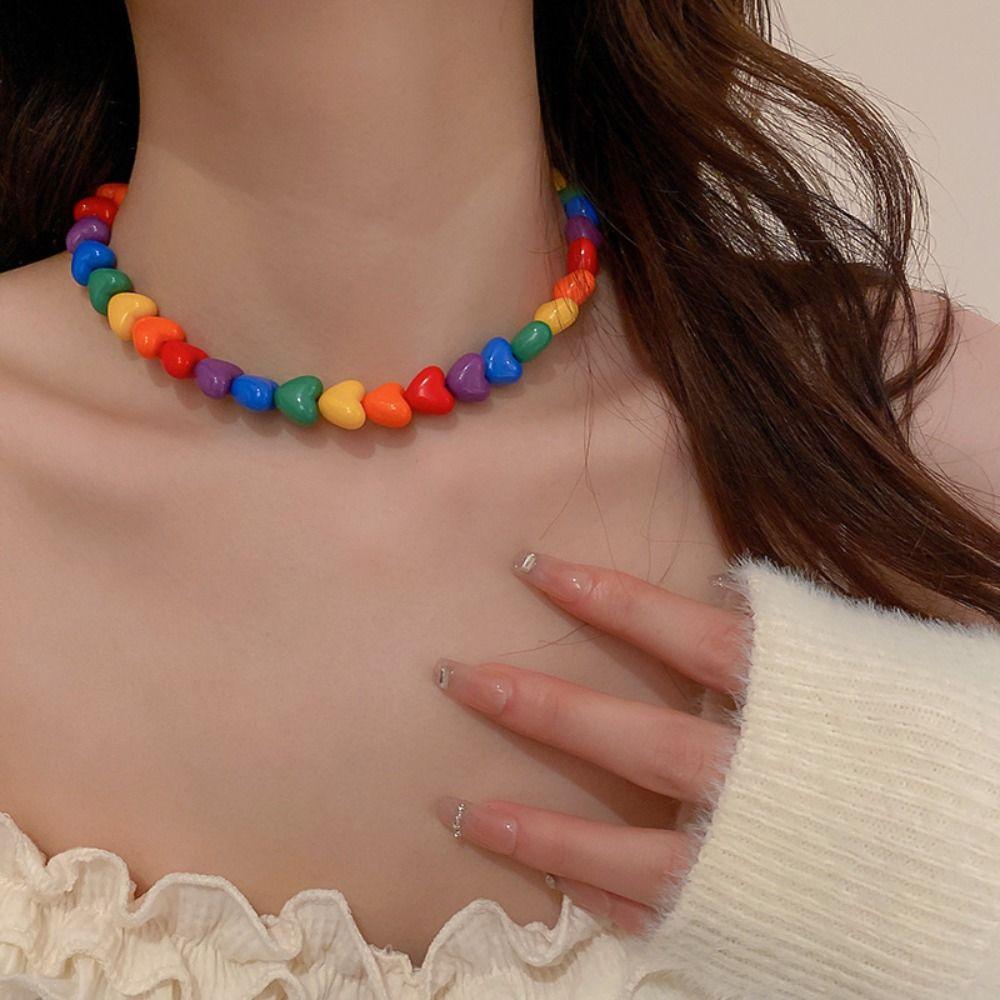 Adjustable Rainbow Necklace Colorful Heart Beaded Necklace Fashion Collarbone Chain For Couples