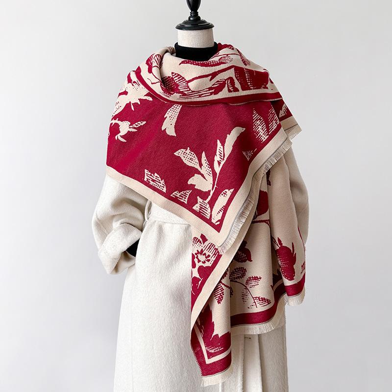 Girl Wind Forest Leaves Contrasting Colors Double-Sided Imitation Cashmere Scarf Winter Advanced Feeling Warm