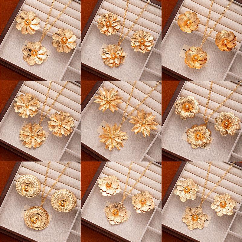 Wind Fashion Flower Earrings Necklace Set Women'S Light Luxury Personality Exaggerated Sun Flower Stud Earrings Collarbone Chain