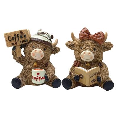 Coffee Highlands Cow Figurines Farmhouse Decors,Resins Animal Statue Table Ornament Garden Bookshelfs Decors Calf Lover