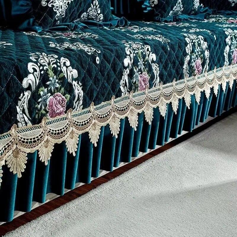 

Роскошные комплекты диванов с большими цветами, чехлы для диванов, толстые чехлы для диванов, подол 18 см, мягкое полотенце, кружевной декор, подушка для дивана для коврика для гостиной, 1 шт.