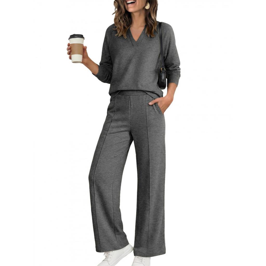 Women's V-Neck Long Sleeve Sweatshirt and Jogger Pants Set Color Activewear for Gym Workouts
