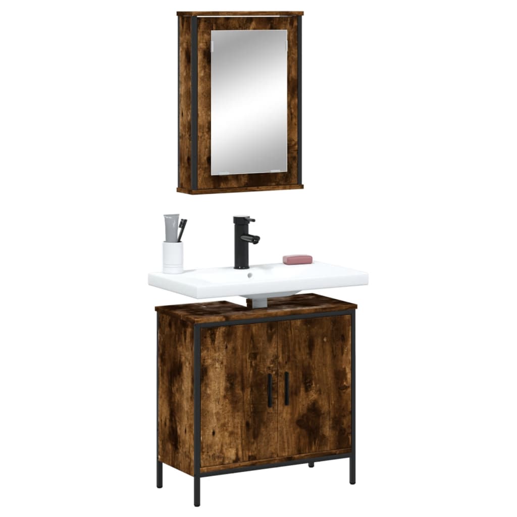 2 Piece Bathroom Furniture Set Smoked Oak Wood Based Material