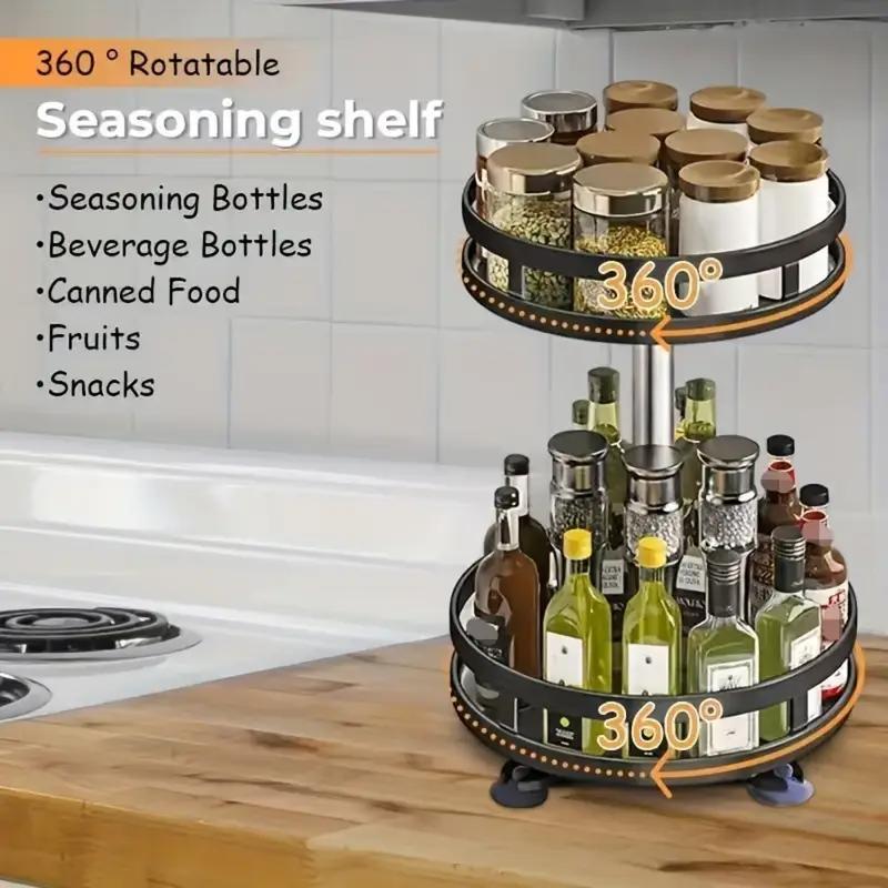 3-Tier Metal Rotating Organizer Spice Rack Seasonings Cans For Kitchen Accessories 360-Degree Non-Skid Carbon Steel Storage Tray