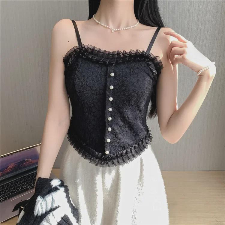 Spitzenmuster-Camisole mit Brustpolstern & plissierten Perlen - Sexy rückenfreies Top