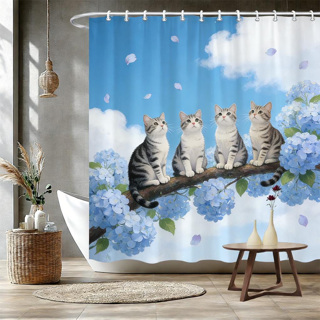 Four White Cats on Magnolia Branch Waterproof Shower Curtain for Bathroom Decor