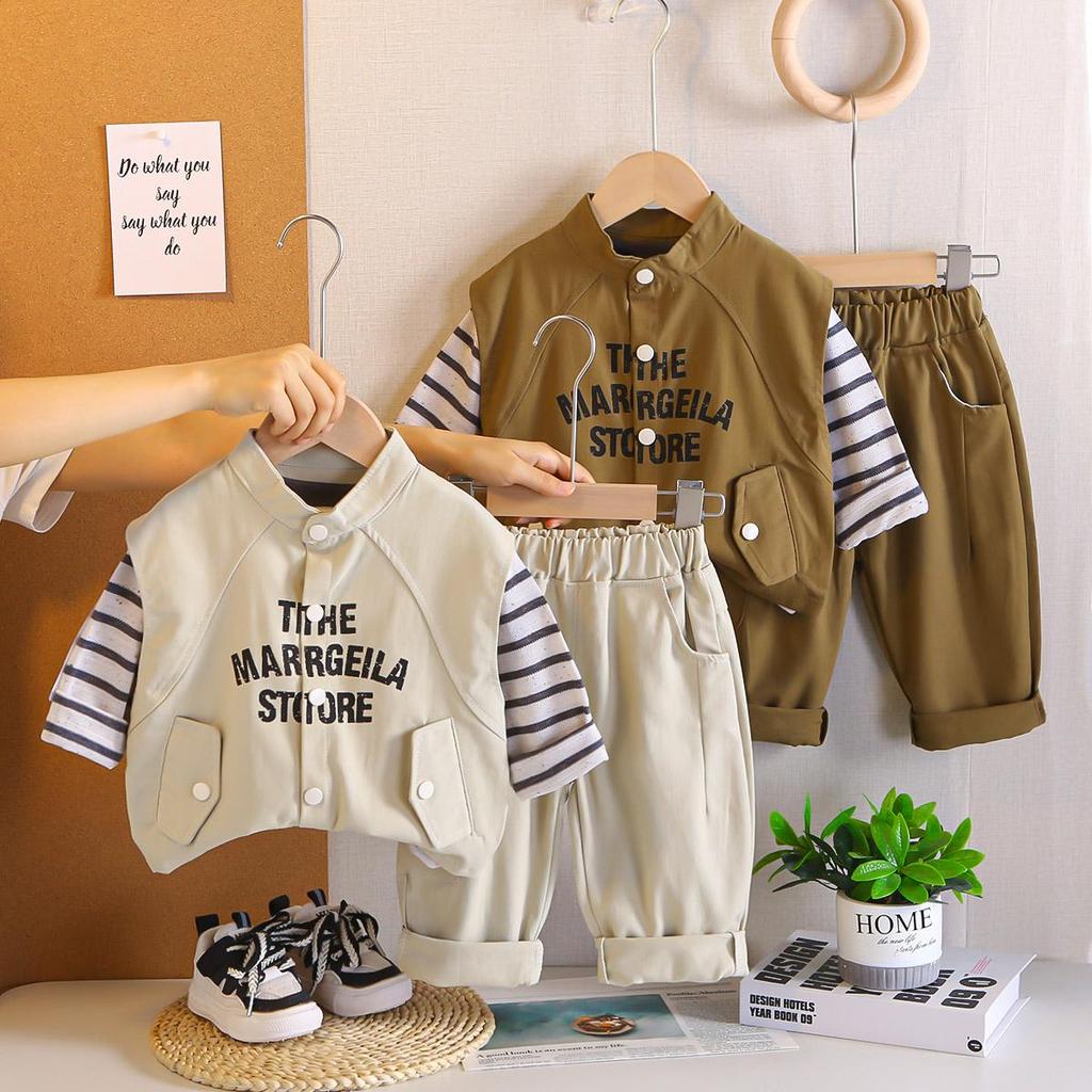 Dreiteiliges Langarmset für Jungen im Alter von 0 bis 5 Jahren, Kinder-Arbeitswesten-Set, Gestreiftes Oberteil+Arbeitshose