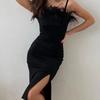 Women's Fall Feather Trim Spaghetti Strap High Slit Bodycon Midi Dress Sexy Slim Fit Cocktail Evening Party Prom Dress