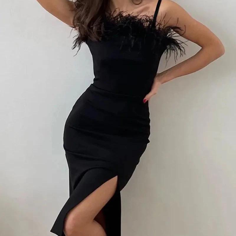 Women's Fall Feather Trim Spaghetti Strap High Slit Bodycon Midi Dress Sexy Slim Fit Cocktail Evening Party Prom Dress