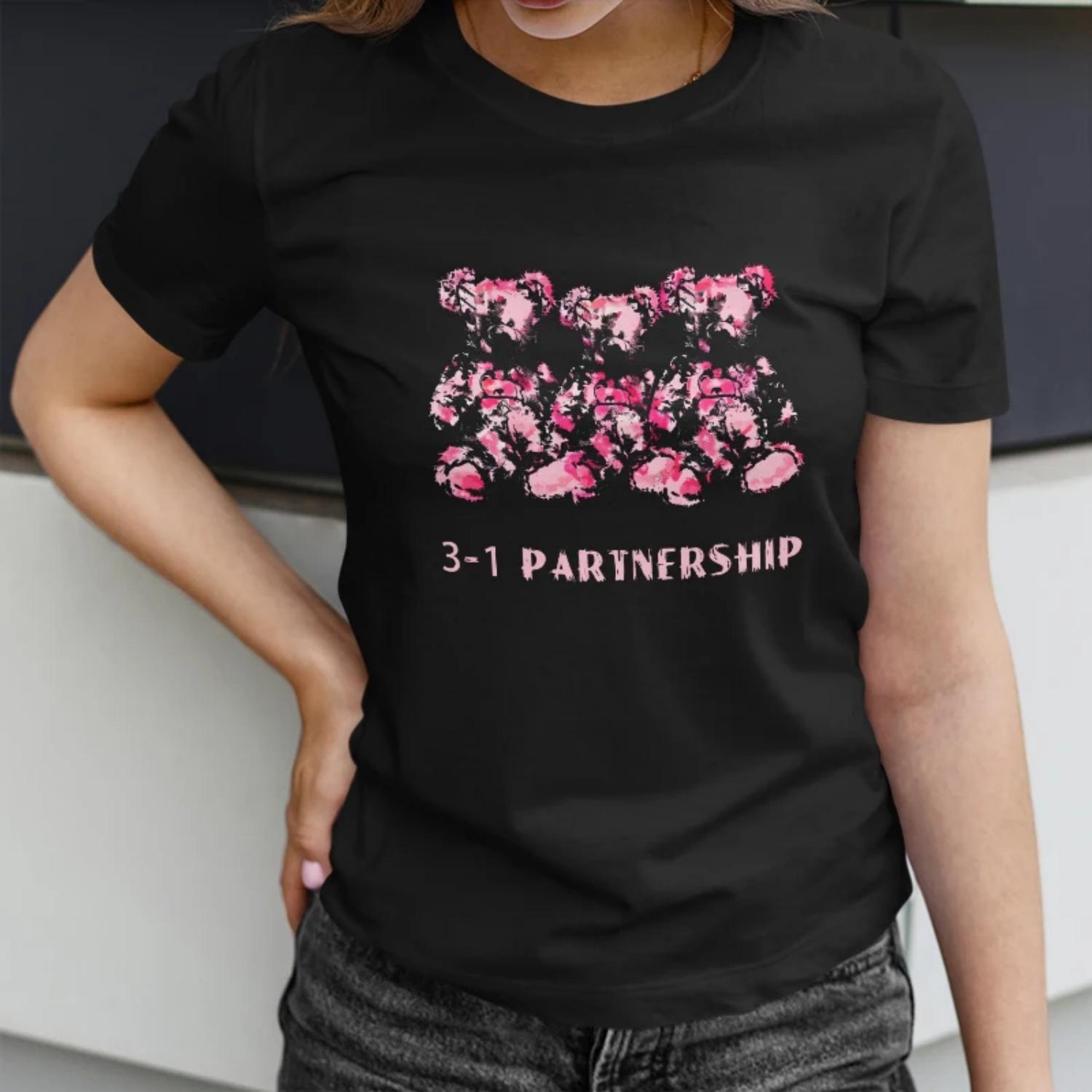 Women s Short Sleeve T Shirt 3 - 1 PARTNERSHIP Stylish with Pink Teddy Bear Print S чёрный