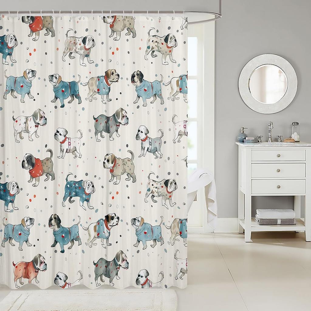 Cartoon Dogs Shower Curtain Set,Polka Dots Printed Shower Curtain Set,Girls Boys Adult Cute Pet Animals Waterproof Fabrics Pug