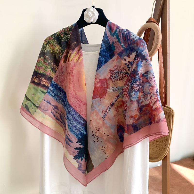 [Variety sunscreen shawl retro printed square scarf women's summer silk cotton silk scarf