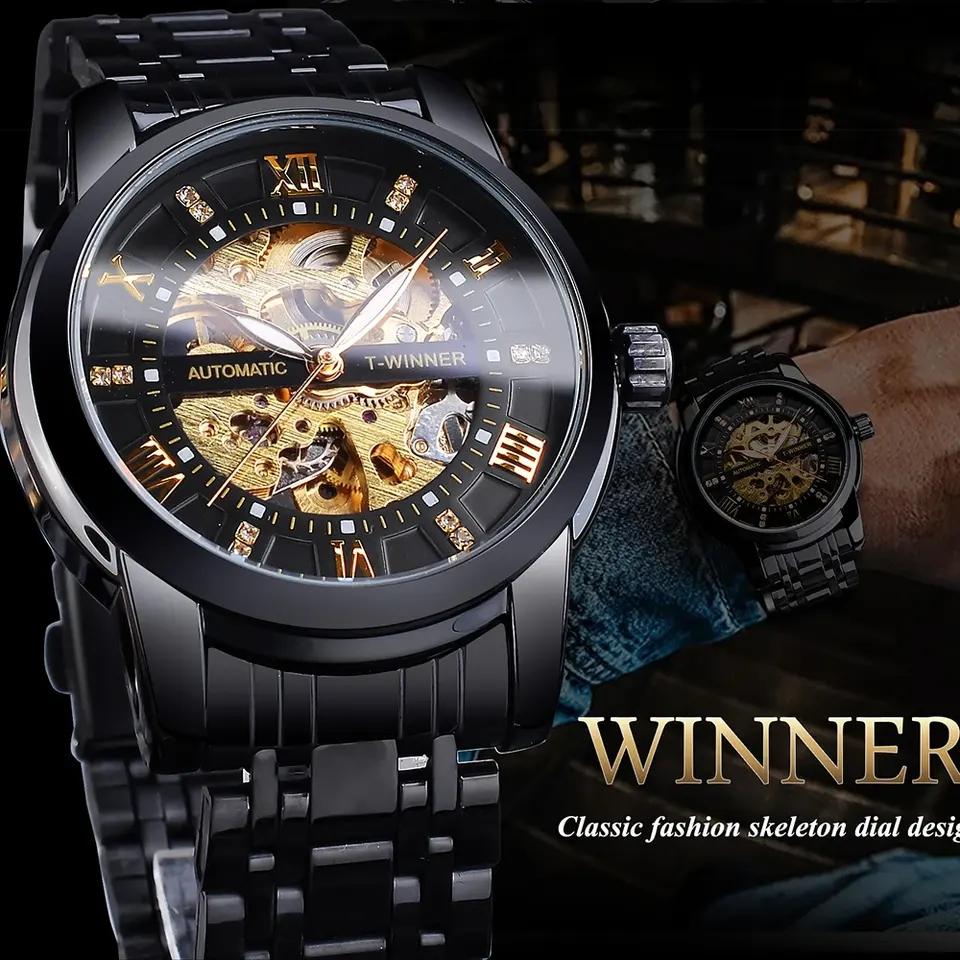 WINNER Orologi Meccanici Classici Lusso Quadrante con Diamanti Scheletro Nero Oro Automatico Orologio da Uomo Cinturino in Acciaio Inossidabile Orologio da Polso
