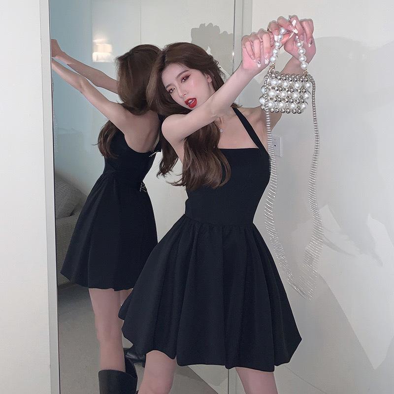 French Hepburn Style Neck Sling Dress Women's Summer New First Love Coffee Break Waist Fluffy Skirt