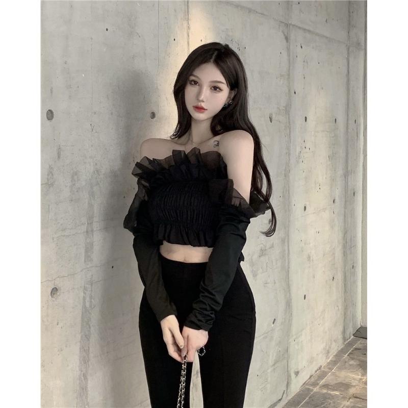 Dámská halenka s dlouhým rukávem a lemováním, černá, s lomeným výstřihem, motýlími rukávy, gázovým volánem, záhybem, elastickým pasem, štíhlým oříznutým topem s dlouhým rukávem, Hotsweet