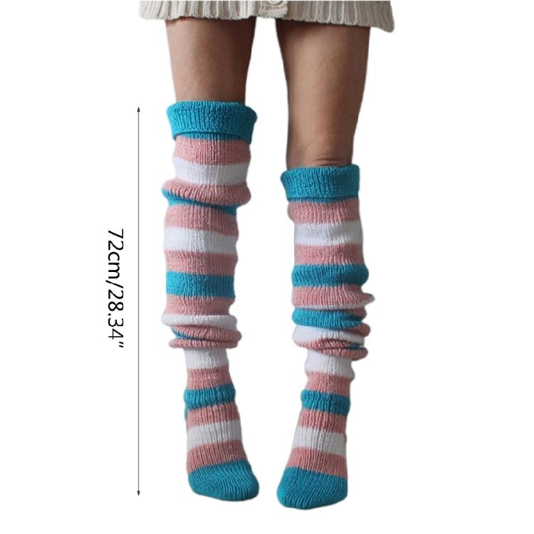 Autumn Slouch Crochet Knitting Colorful Striped Thigh High Long Socks for Women