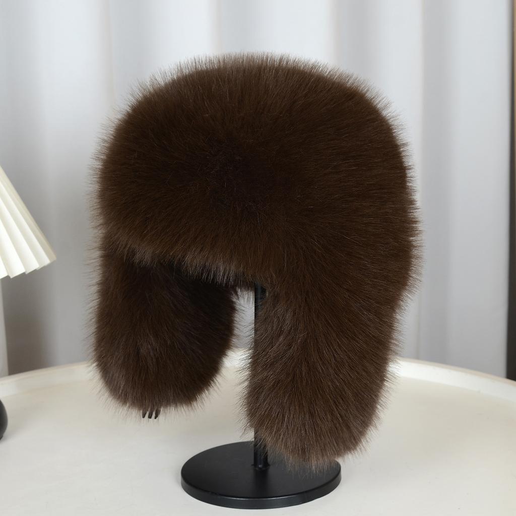 Thickened Winter Outdoor Imitation Fox Fur Warm Windproof Women's Plush Ski Face Small Ear Protection Hat