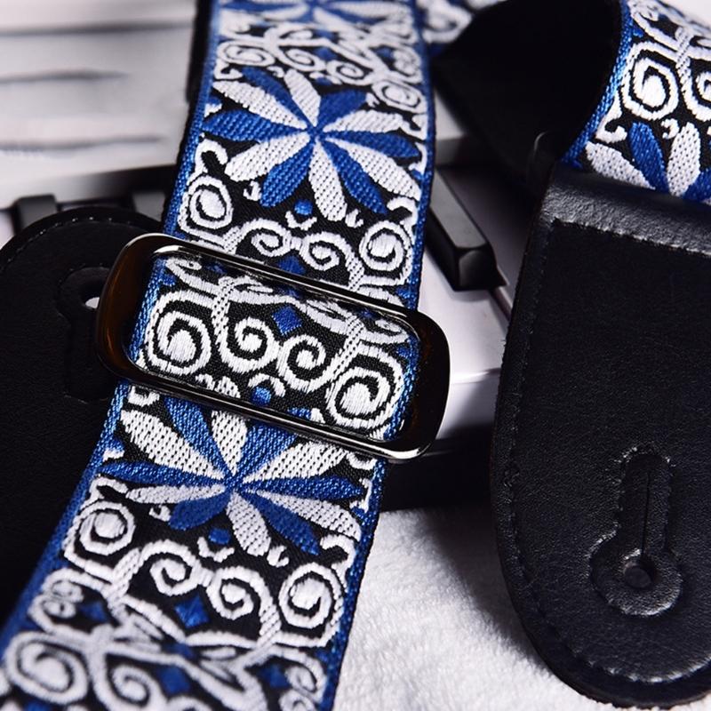 Weaving PU Leather Ends Guitar Strap, Soft Adjustable Comfortable Cotton Acoustic Guitar Strap for Electric Guitar Bass