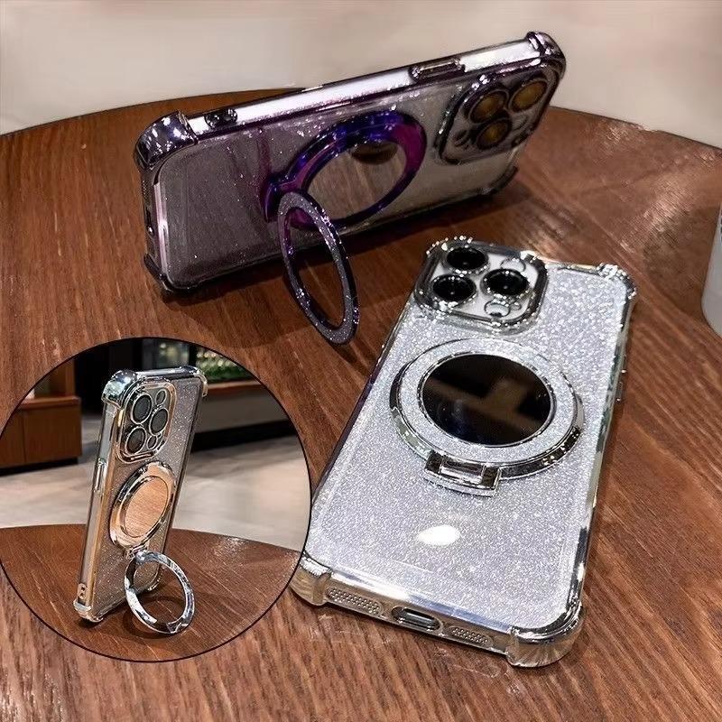 For iPhone 18 17 16 15 14 Pro Max Series Bling Glitter Mirror Kickstand Full Lens Protect Phone Case