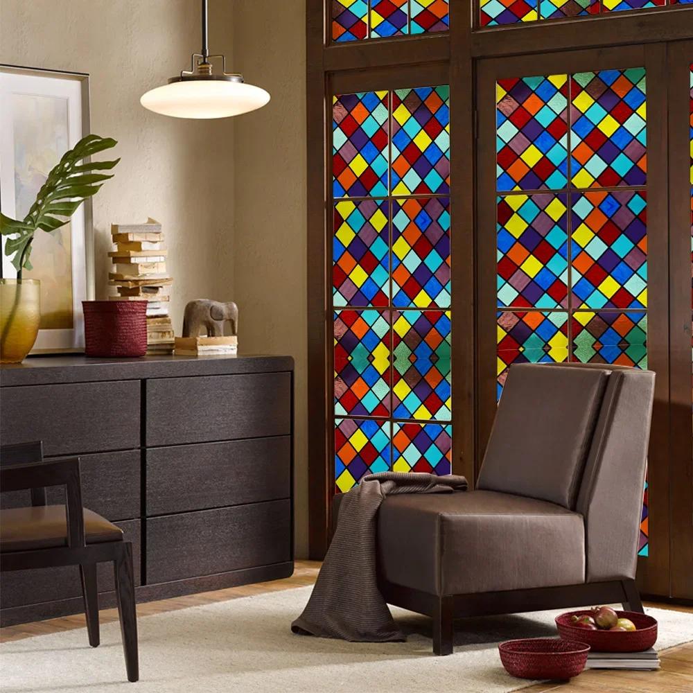 Retro Flowers Colorful Stained Glass Window Film Pattern Non-adhesive Window Decals Static Clings Non-Adhesive Window Stickers