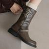 Women's Retro Martin Boots, Round Toe, Autumn/Winter, Metal Accent, Ankle-Length, Cowboy Style, Thick Sole.