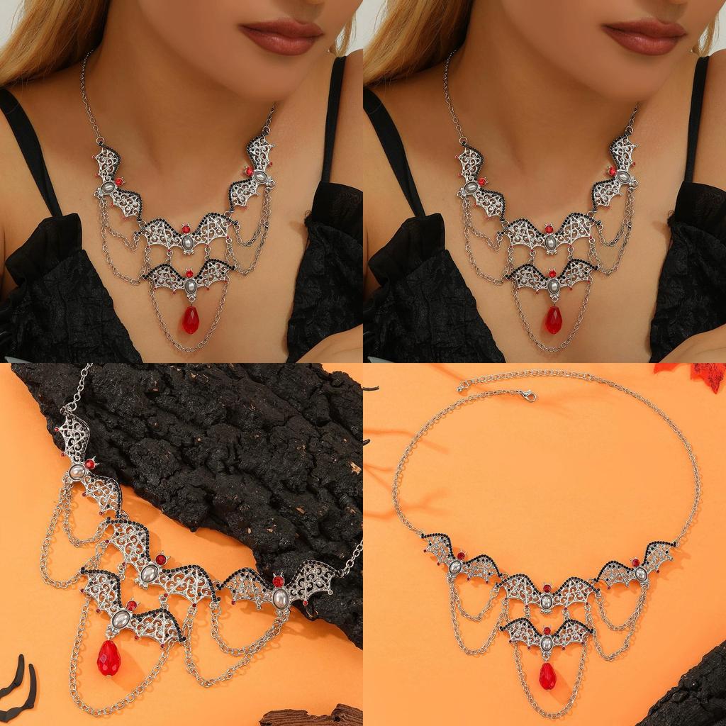 Trendy Punk Alloy Bat Necklace With Hollow Geometric Pendant Halloween Accessory