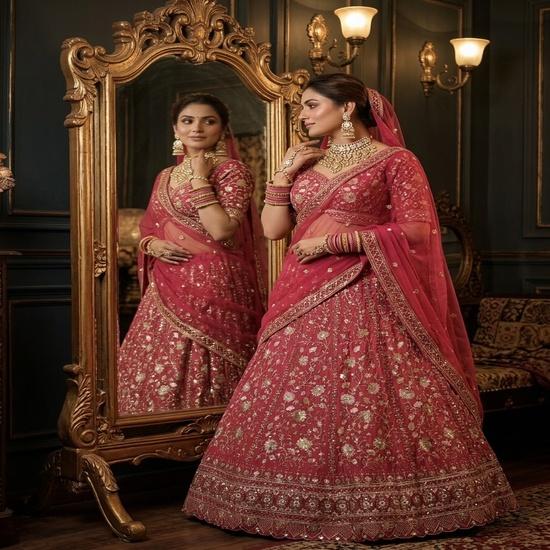 Women's Bridal Embroidered Semi-Stitched Lehenga Choli Set with Net Dupatta & Zari Work