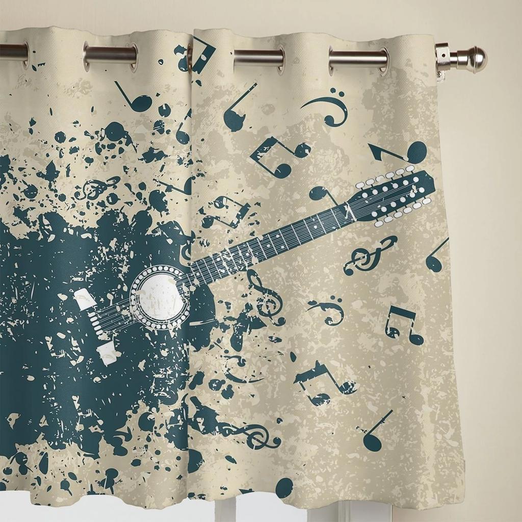 Gitaar Muzieknoten Blauw Retro Raamgordijnen voor Slaapkamer Woonkamer Decoratie Modern Keuken Raamgordijn Hotel Drapes