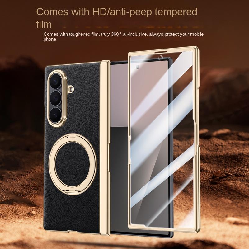 For Samsung Galaxy Z Fold 7  Leather 360° Swivel Bracket Magnetic Tempered Glass Front Membrane Anti-Drop Fingerprint Phone Case
