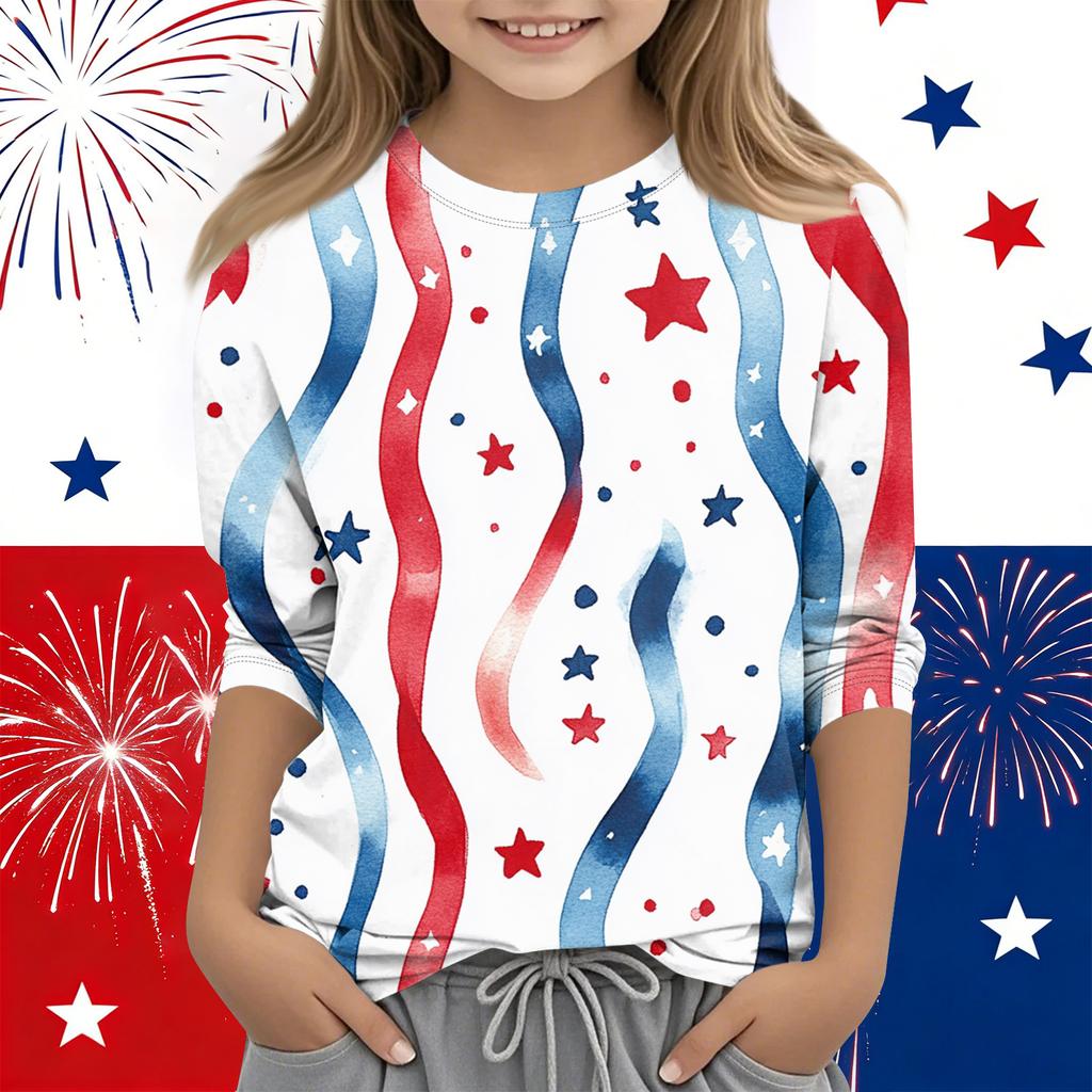 Print Tops For Youth Girls Round Neck 3/4 Sleeves T-Shirts Trendy Tops Outfit Tees Independence Day