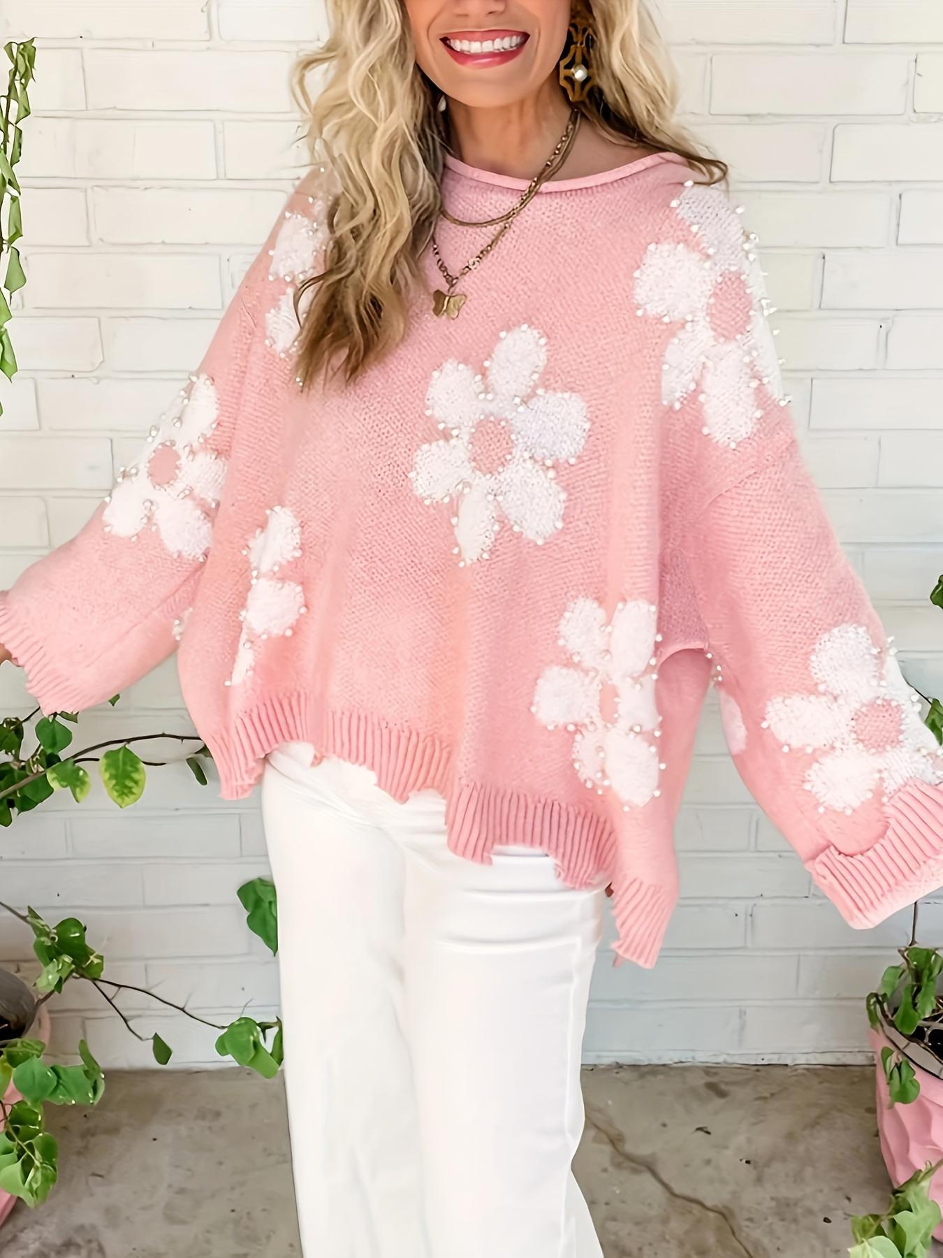 

Rose Beauty A Plus Size Цветочный узор Бисерный свитер, Повседневный свободный крой Длинный рукав Круглый вырез Топ для осени и зимы, Женская одежда больших размеров 5XL розовый