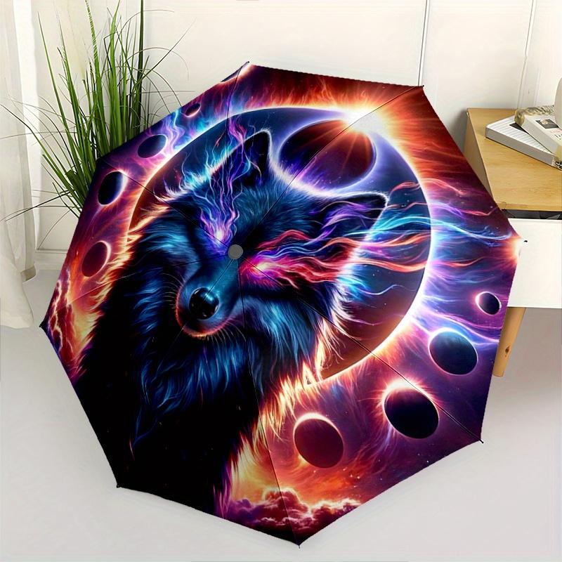 1pc Enchanted Celestial Wolf Pattern Beautiful Looking Automatic Folding Umbrella, 3 Folding, 8 Iron Frame Design, Durable and Suitable for Trave
