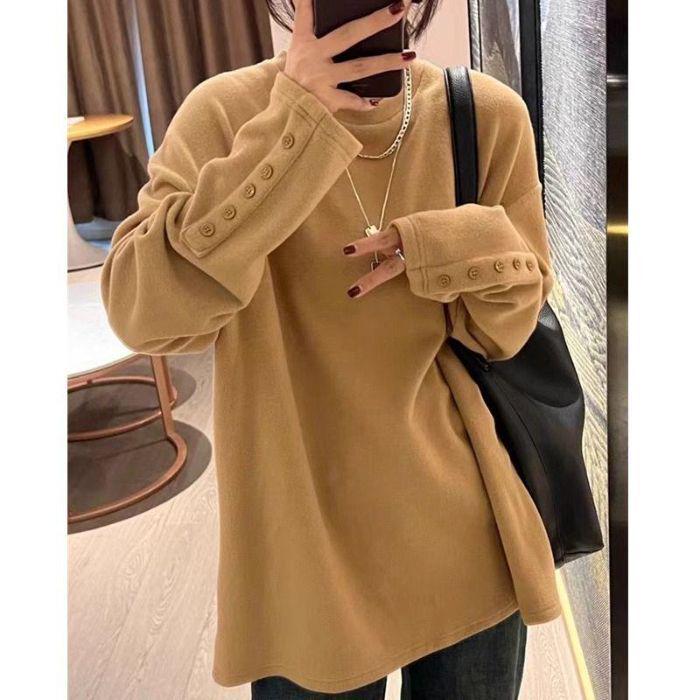 

Khaki Fleece Women s Loose Korean Style Velvet Button Long Sleeve Top for Autumn/Winter S (for 70-90 lbs)