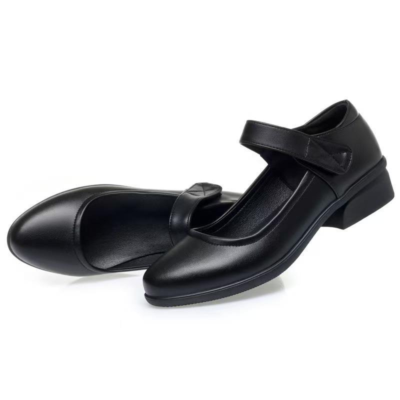 New round head soft leather shoes daily casual soft sole single shoes medium old thick heel medium heel Velcro leather shoes women