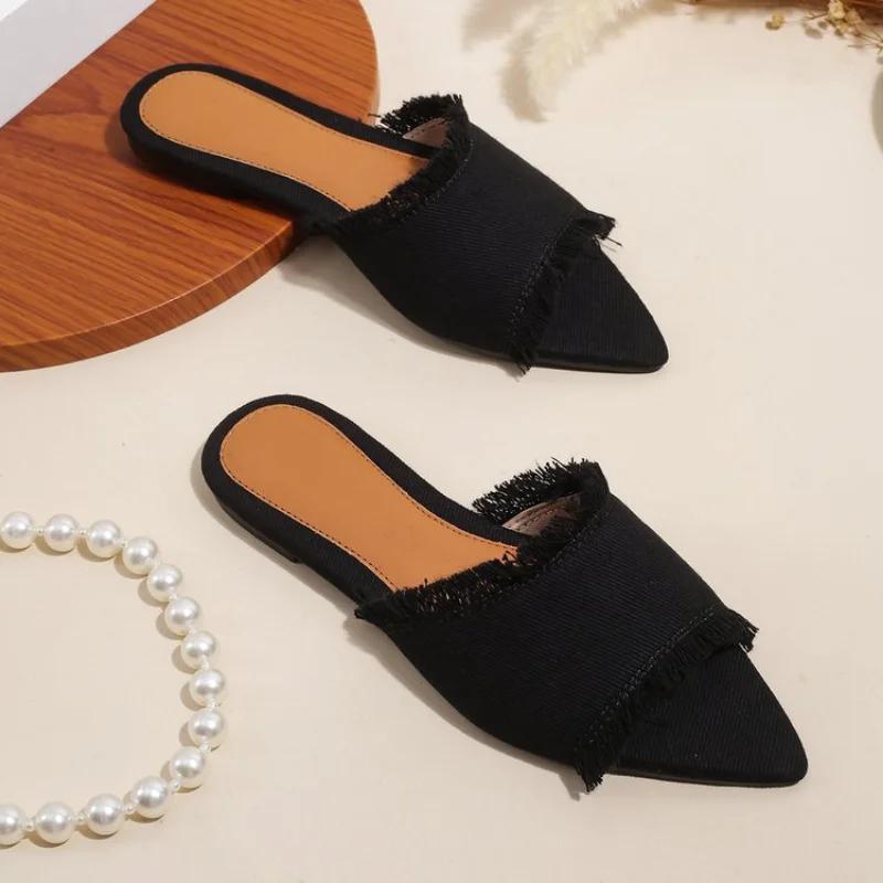 Fashion Women Flats Cowboy Slippers Fashion Beach Dress Shoes  Summer Femme Pointed Toe Flip Flops New Casual Slides Zapatos Mujer