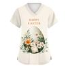 Women's Fashionable V-neck Short-sleeved Work Top With Double Side Slits And Pockets, Featuring Easter Bunny And Egg Prints.