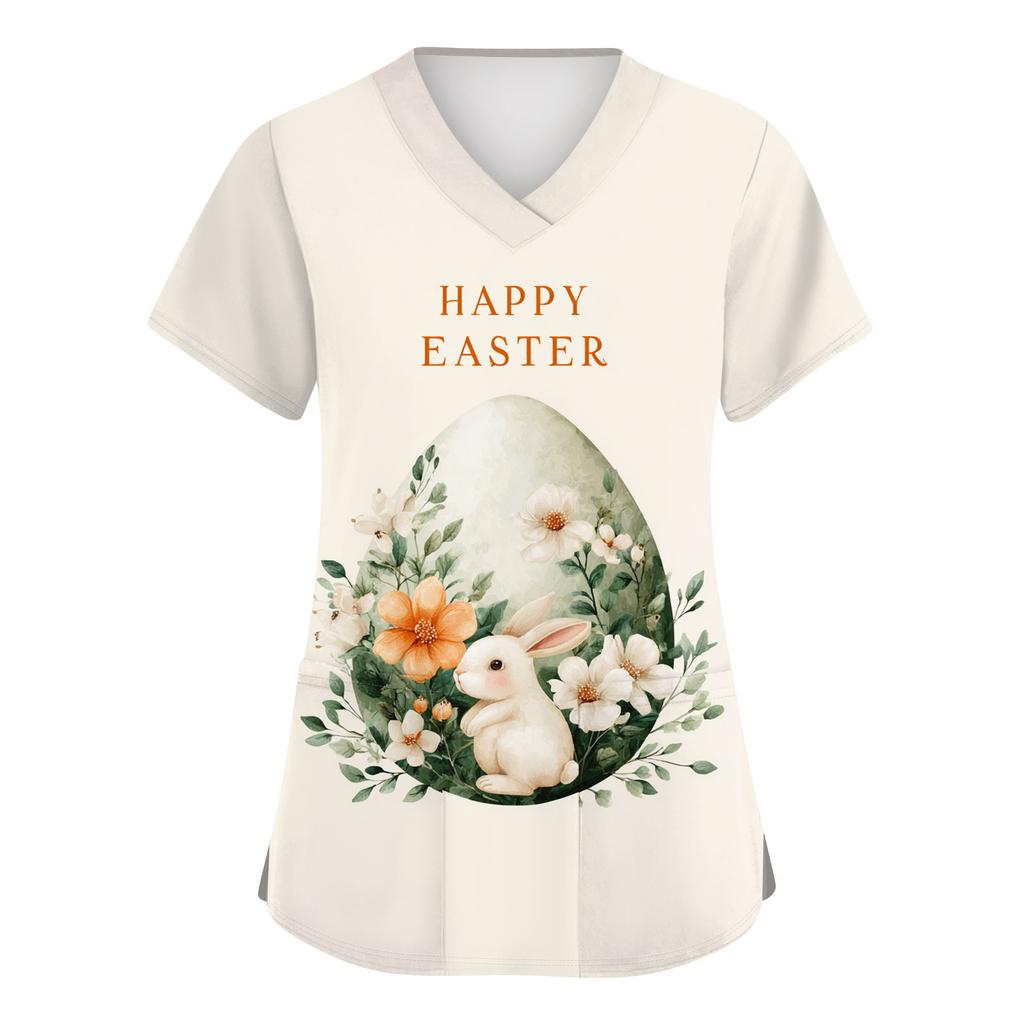 Women's Fashionable V-neck Short-sleeved Work Top With Double Side Slits And Pockets, Featuring Easter Bunny And Egg Prints.