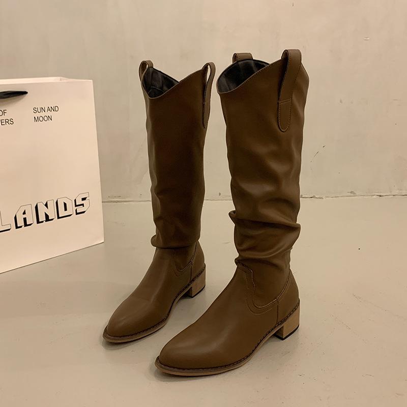 Coarse heel brown Maillard stack long tube knight boots women's shoes new summer V-mouth thin medium tube long boots