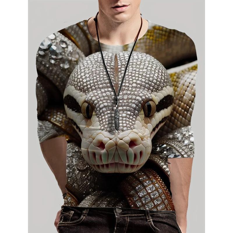 Round Neck 3D Snake Printed Top Casual Long Sleeved Men's T-shirts - Soft Medium Stretch Polyester Fabric Spring and Autumn Relaxed Fit Clothing