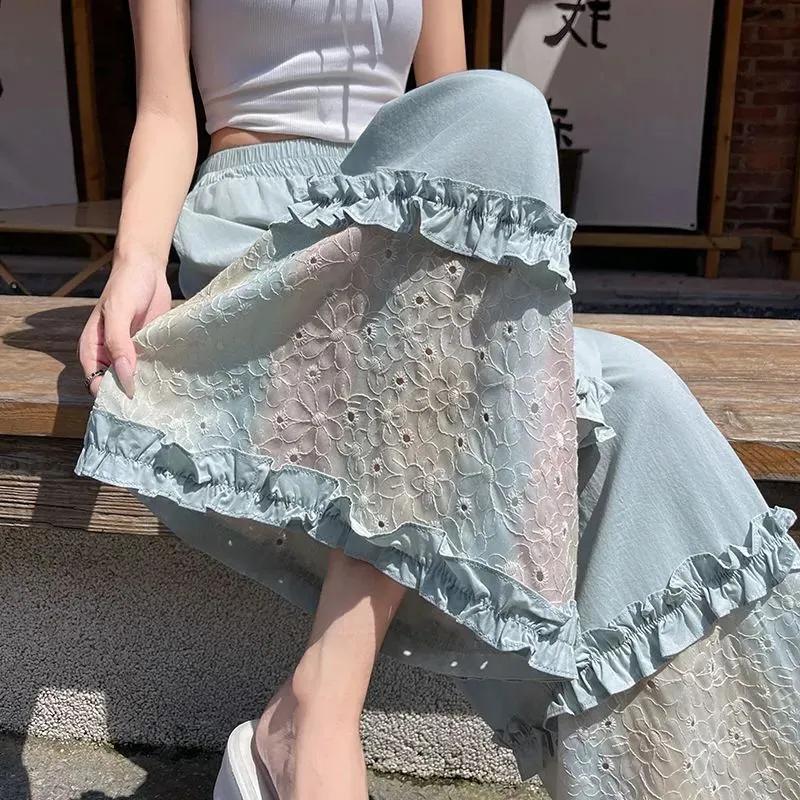 Women's Lace Trim Wide Leg Pants High Waist Flowy Casual Trousers