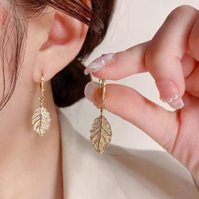 Golden Leaf Earrings: Women's Fashion Micro-Inlaid Zircon Earrings with Jade-Like Leaves