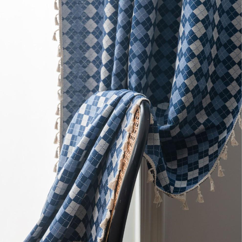Yimanqiyun Blue French Grid Jacquard Semi-Blackout Bay Window Curtains