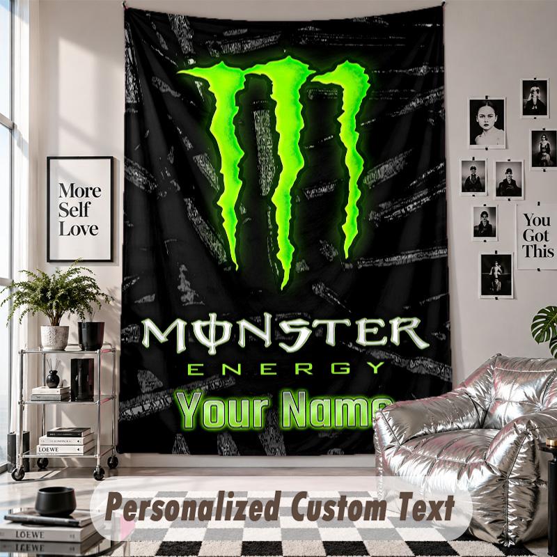 Wall Hanging Tapestry With Custom Name & Text, Monster Energy Decorative Tapestry For Bedroom